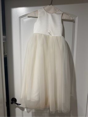Girls' Cream Tulle Formal Dress with Pearl Neckline